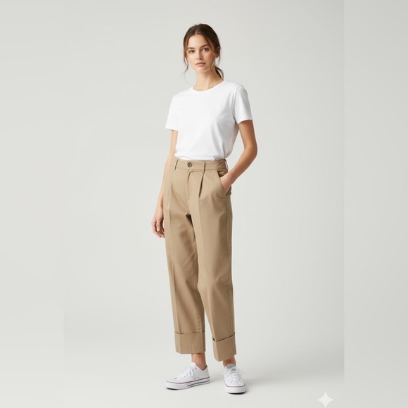 Club Monaco Pants - Club Monaco 100% Cotton Cuffed Chino Pants Tan High Rise Minimalist Size 2